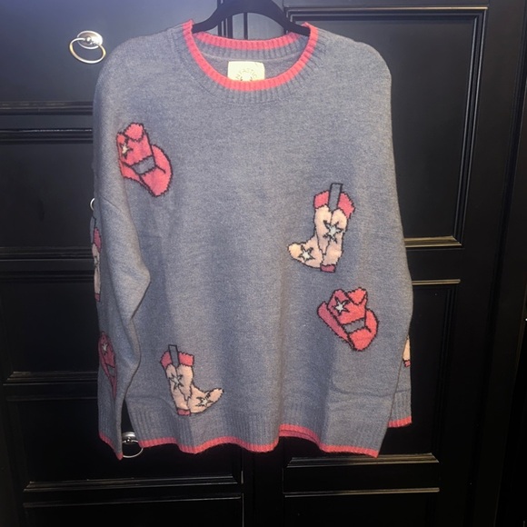 Fantastic Fawn Sweaters - Fantastic Fawn Med Blue/Grey Sweater with Pink Cowboy Boot Design